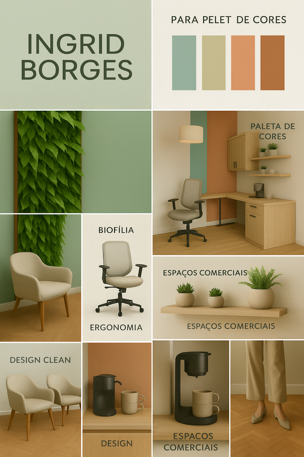 Moodboard do projeto (cores, materiais, mobiliário, biofilia e iluminação)