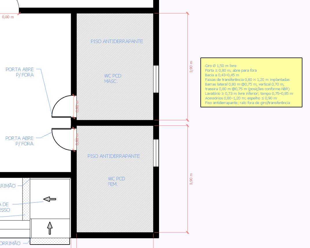 Sanitários PCD com giro, barras e faixas de transferência