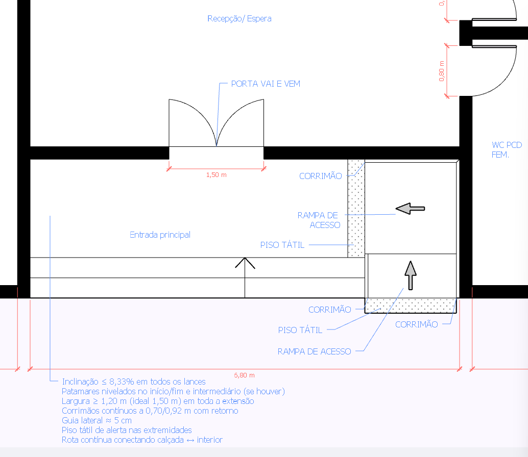 Entrada principal com rampa, patamares, corrimãos e piso tátil