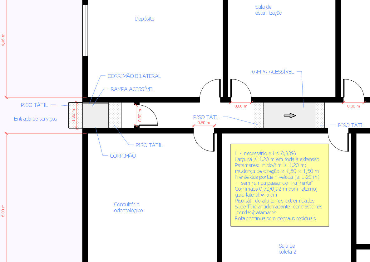 Rampa acessível no acesso de serviços com piso tátil