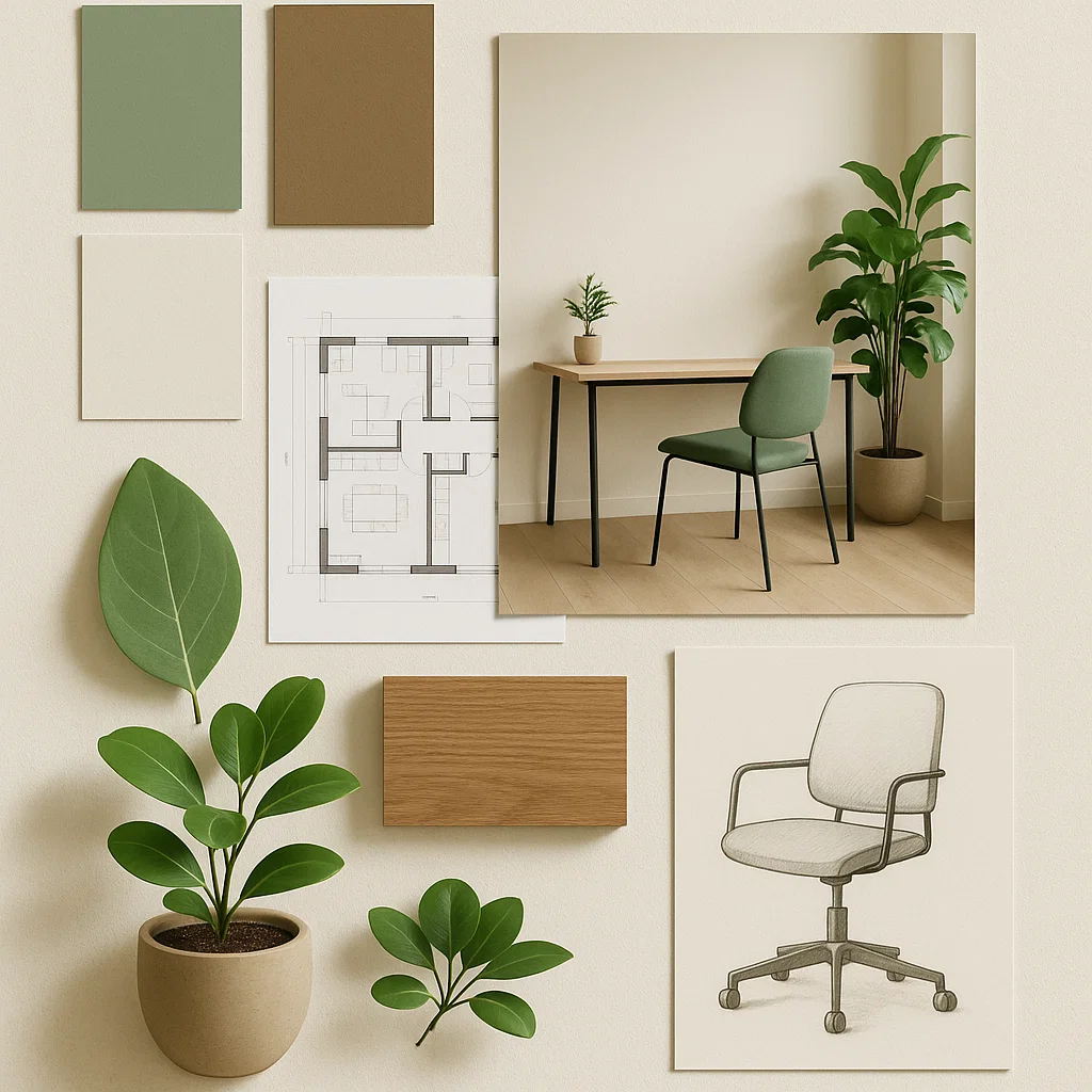 Moodboard com tons neutros, verde biofílico e madeira clara