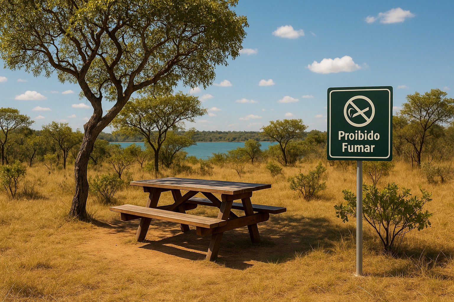 Imagem simulada de uma área de piquenique no Cerrado, com uma mesa de madeira sob a sombra de uma árvore de copa baixa, vegetação rasteira ao redor, e o Lago Paranoá visível ao fundo. Próximo à mesa, há uma placa regulatória com fundo verde (#355E3B), borda interna branca, e texto 'Proibido Fumar' em branco, instalada a 1,5m do chão. A placa está fixada em um suporte de acrílico resistente, com um ícone de proibição de fumar.