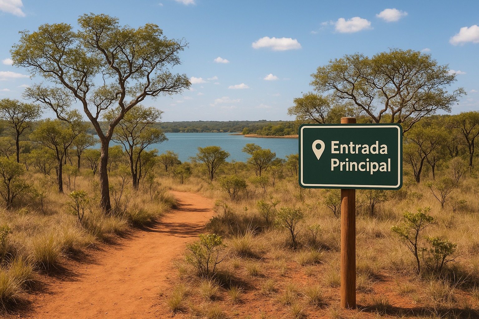 Imagem simulada de uma área do Cerrado com vegetação rasteira, arbustos, e céu azul ao fundo. No centro da imagem, há uma placa identificadora com fundo verde (#355E3B), borda interna branca, e texto 'Entrada Principal' em branco, instalada a 1,5m do chão. A placa está fixada em um poste de madeira tratada, posicionada à direita de um caminho de terra que leva ao parque.
