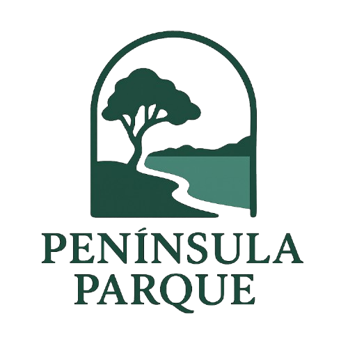 Logo do Península Parque, um parque fictício no Lago Norte, Brasília, com vegetação do Cerrado e vistas para o Lago Paranoá